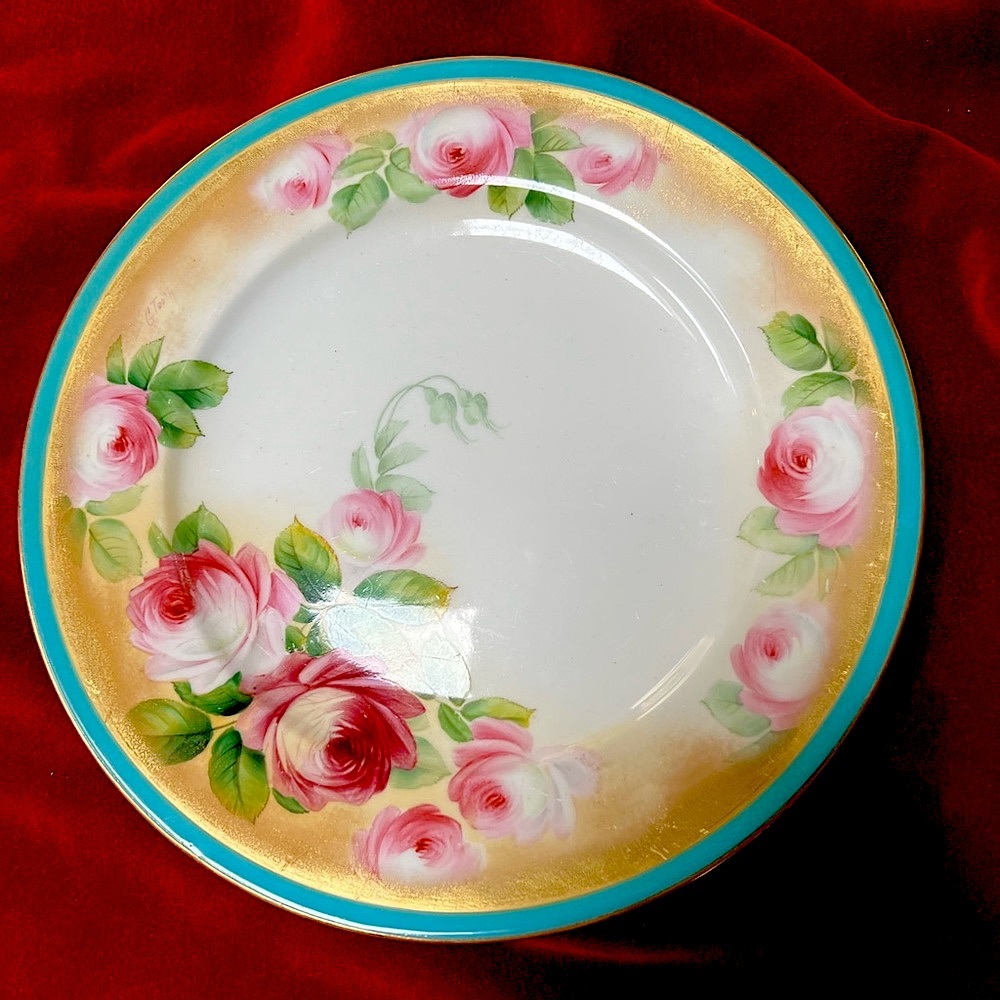 Vintage 9 7/8” Plate by Crescent Bros., England. Beautiful gilding, pink roses.